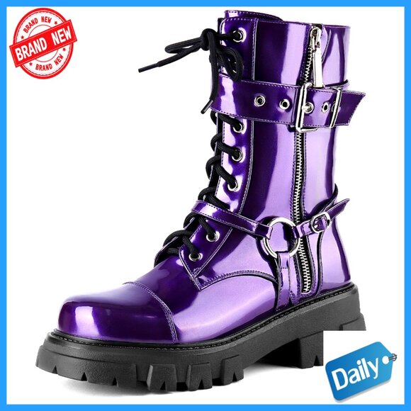 Shoes - Women's Motorcycle Biker Boots Mid-Calf Combat Steampunk Chunky Heel Lug Sole